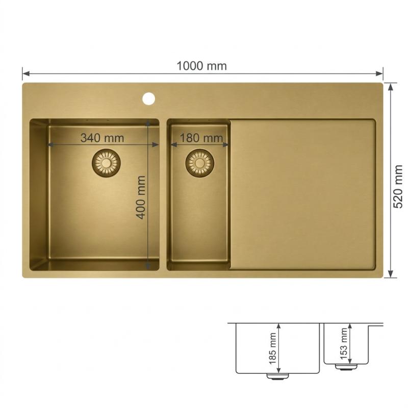 Pure.Sink Exclusivo Gouden 1,5  spoelbak met afdruipgedeelte 100x52 cm Tapwing links PEX3418100LT-60